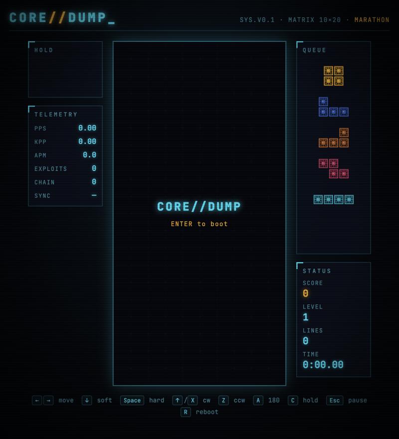 CoreDump boot screen with queue and status panels