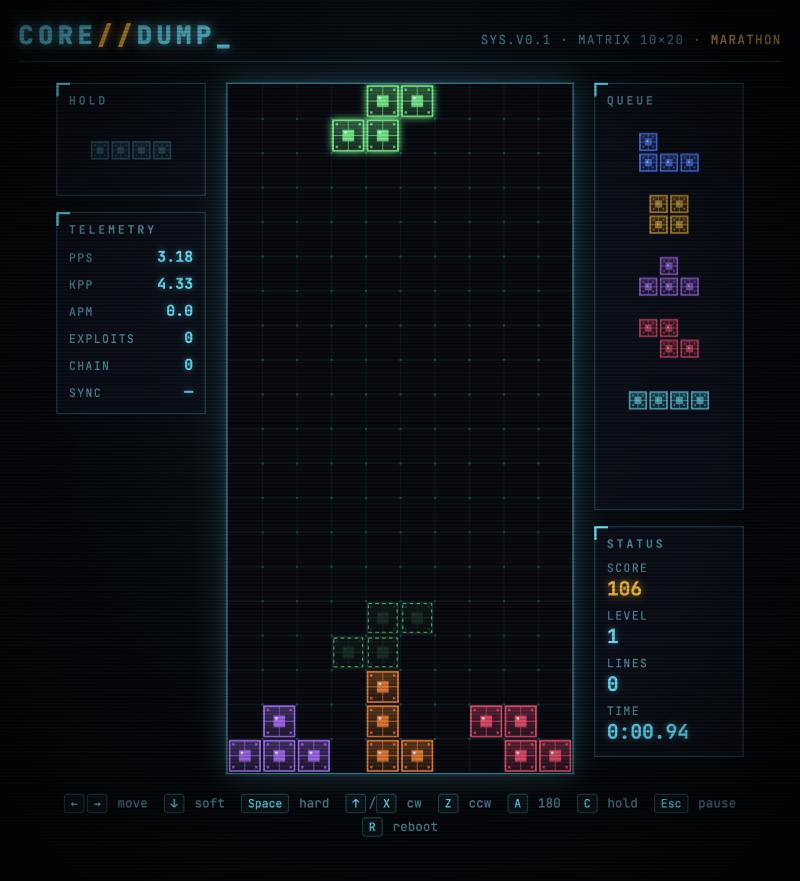First gameplay: stacked circuit blocks, ghost piece, hold
