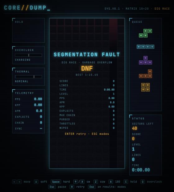 Results screen: SEGMENTATION FAULT with stats