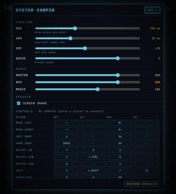 SYSTEM CONFIG panel with sliders and a binding table